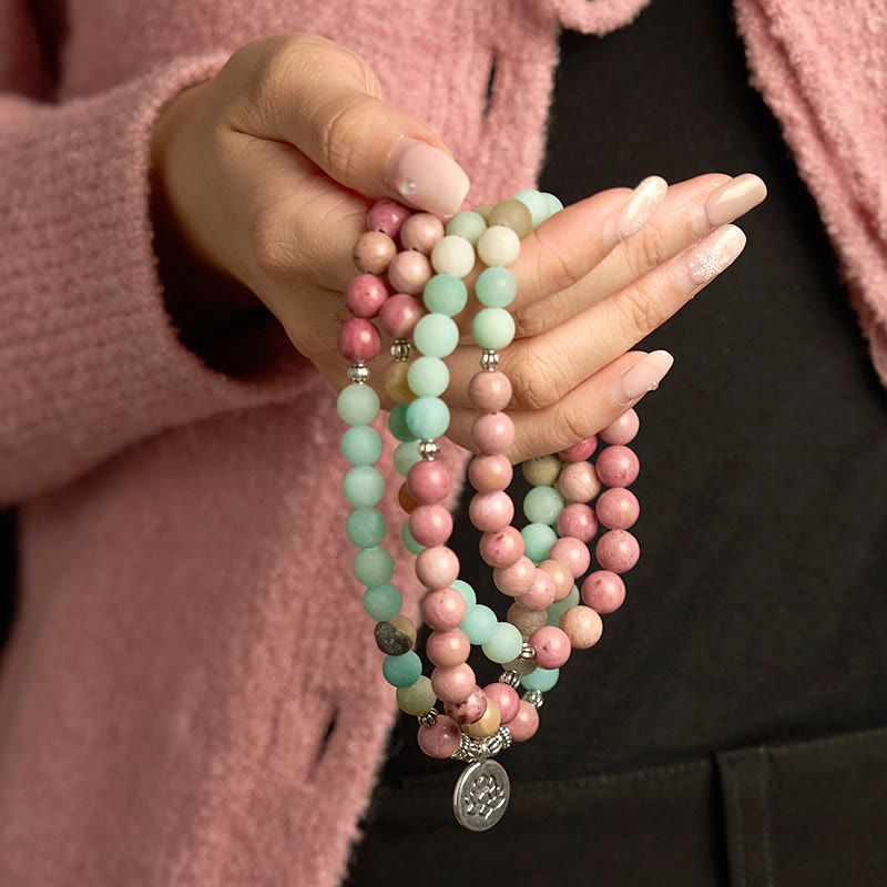 Buddha Stones 108 Mala Beads Rodonite Amazzonite Lotus Braccialetto curativo