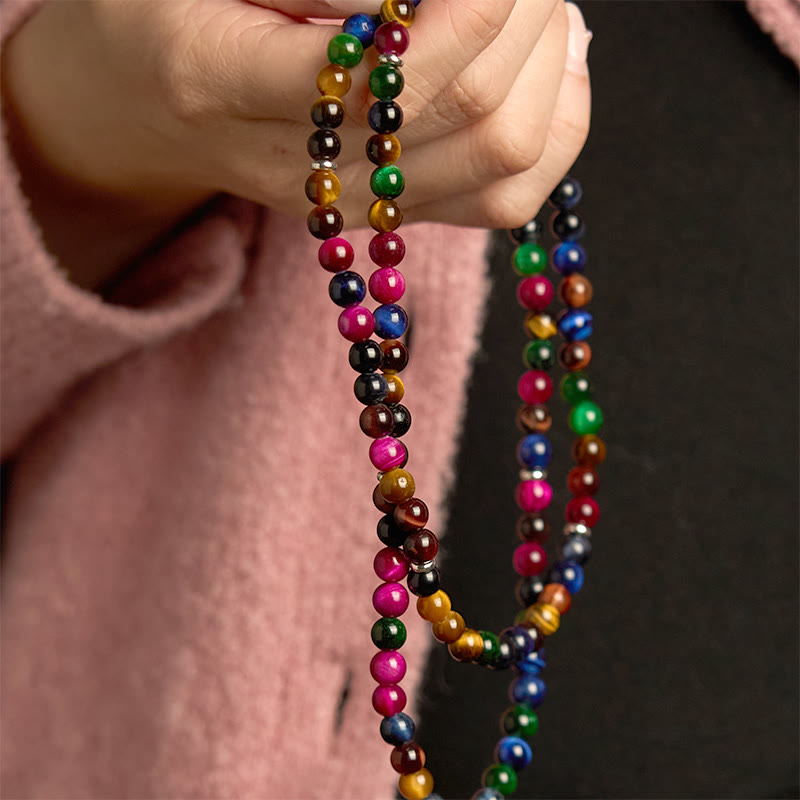 Buddha Stones 108 Mala Beads Naturali Occhio di Tigre Colorato Braccialetto di Protezione Multi-giro - image 4