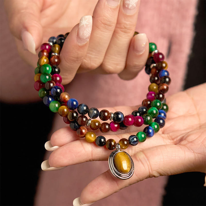 Buddha Stones 108 Mala Beads Naturali Occhio di Tigre Colorato Braccialetto di Protezione Multi-giro - image 3