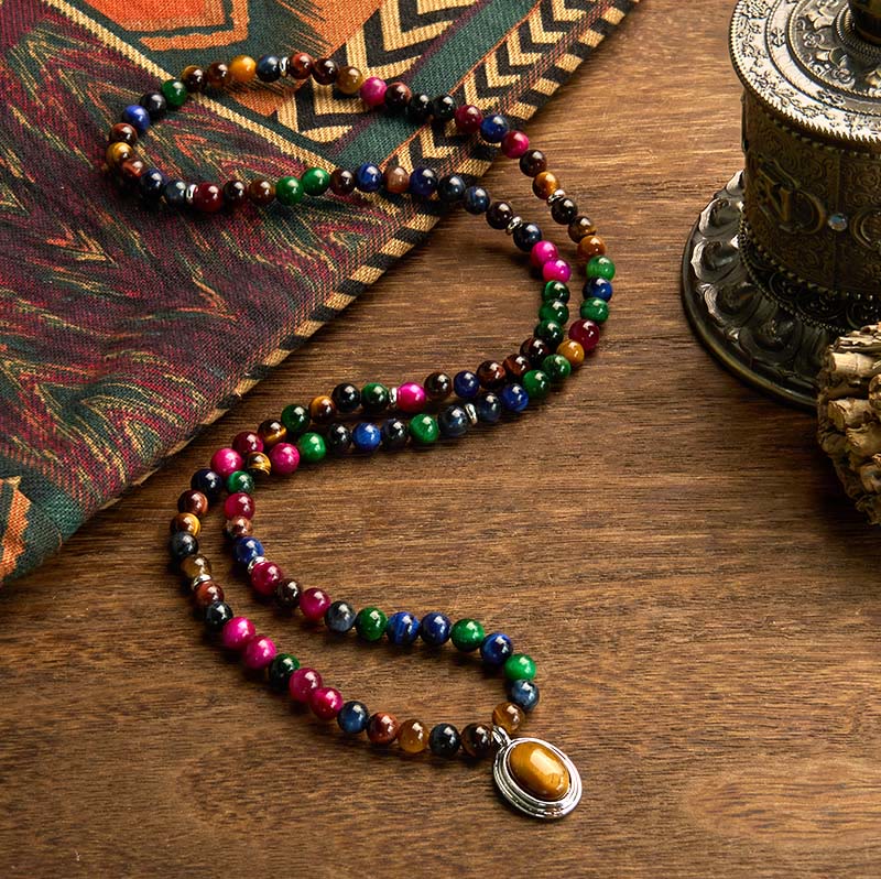 Buddha Stones 108 Mala Beads Naturali Occhio di Tigre Colorato Braccialetto di Protezione Multi-giro - image 1