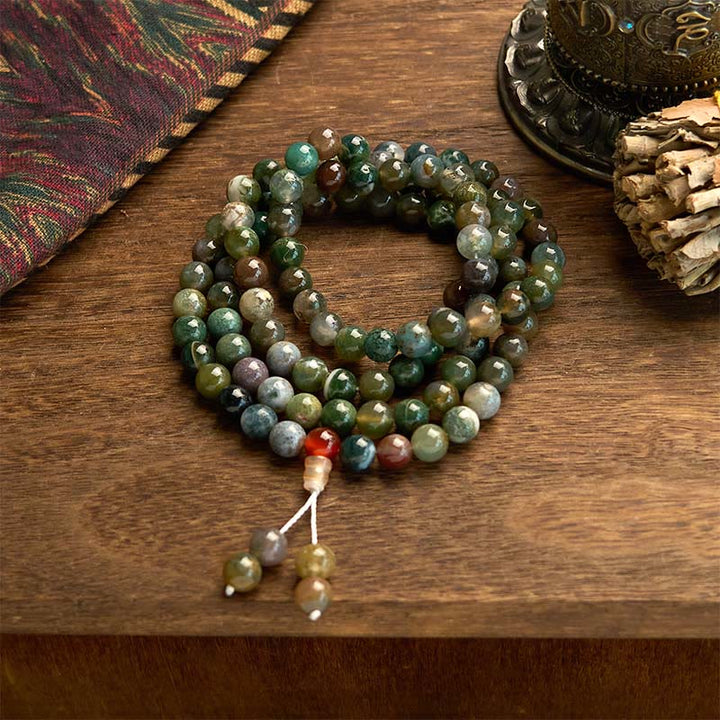 Buddha Stones 108 Mala Beads Pietra naturale Agata muschiata Bracciale multigiro di guarigione
