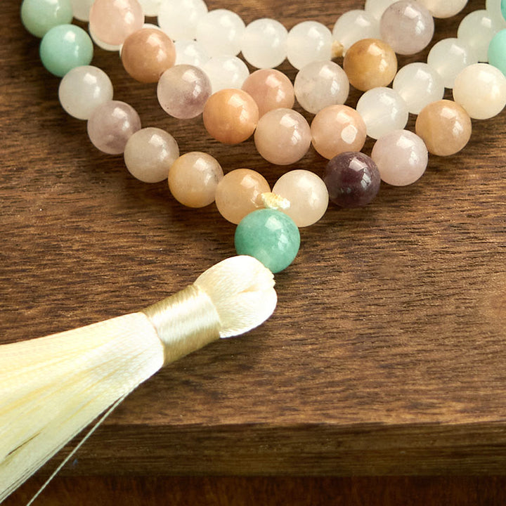 Buddha Stones 108 Mala Beads Natural White Jade Amazzonite White Tassel Braccialetto curativo