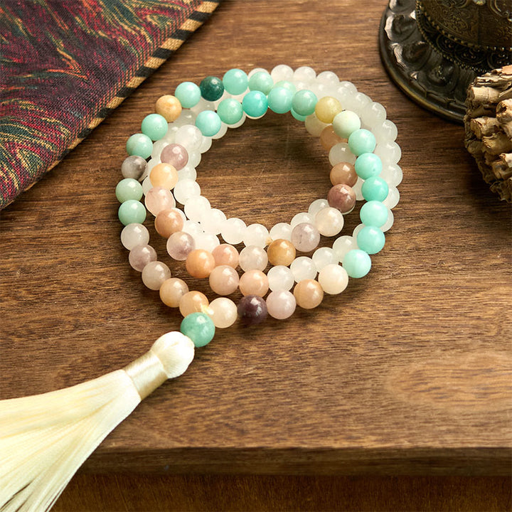 Buddha Stones 108 Mala Beads Natural White Jade Amazzonite White Tassel Braccialetto curativo