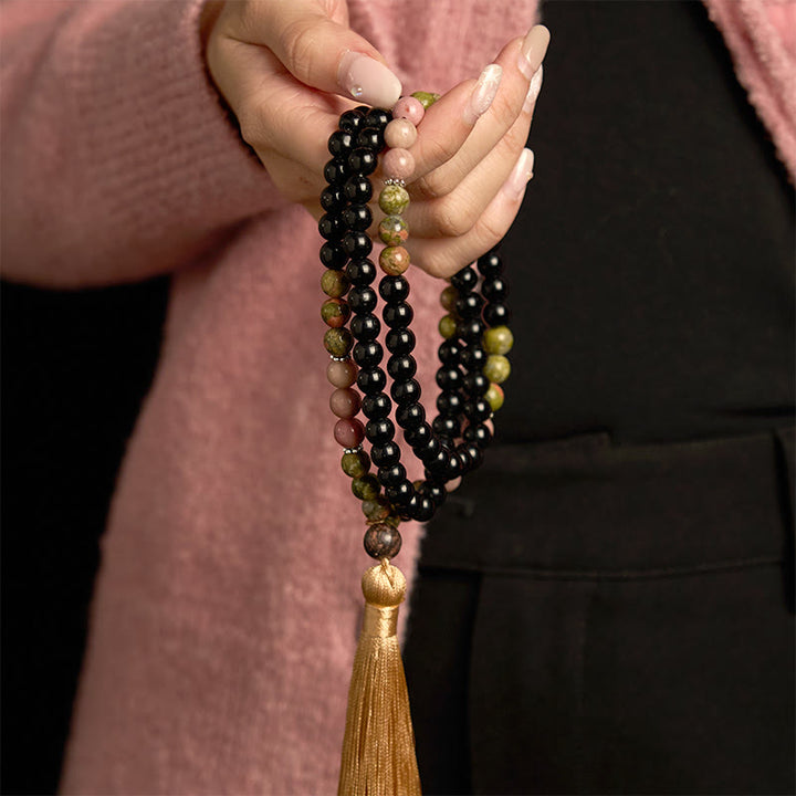 Buddha Stones 108 Mala Beads Diaspro Nero Rodonite Khaki Tassel Braccialetto di Guarigione