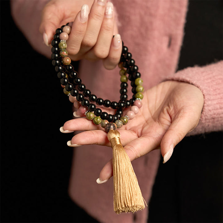 Buddha Stones 108 Mala Beads Diaspro Nero Rodonite Khaki Tassel Braccialetto di Guarigione
