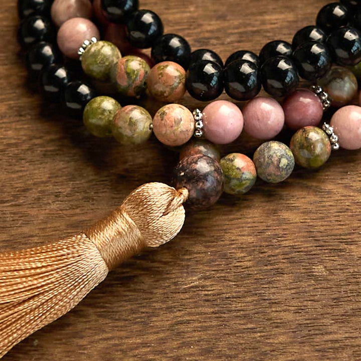 Buddha Stones 108 Mala Beads Diaspro Nero Rodonite Khaki Tassel Braccialetto di Guarigione