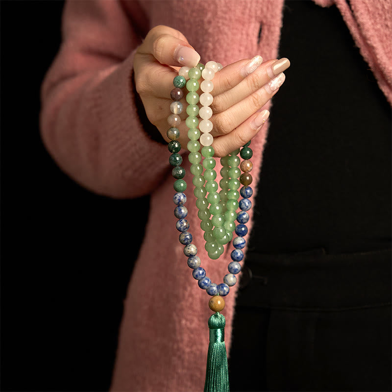 Buddha Stones 108 Mala Beads Natural Green Aventurina Blue Spot Jasper Agata indiana Green Tassel Bracciale portafortuna