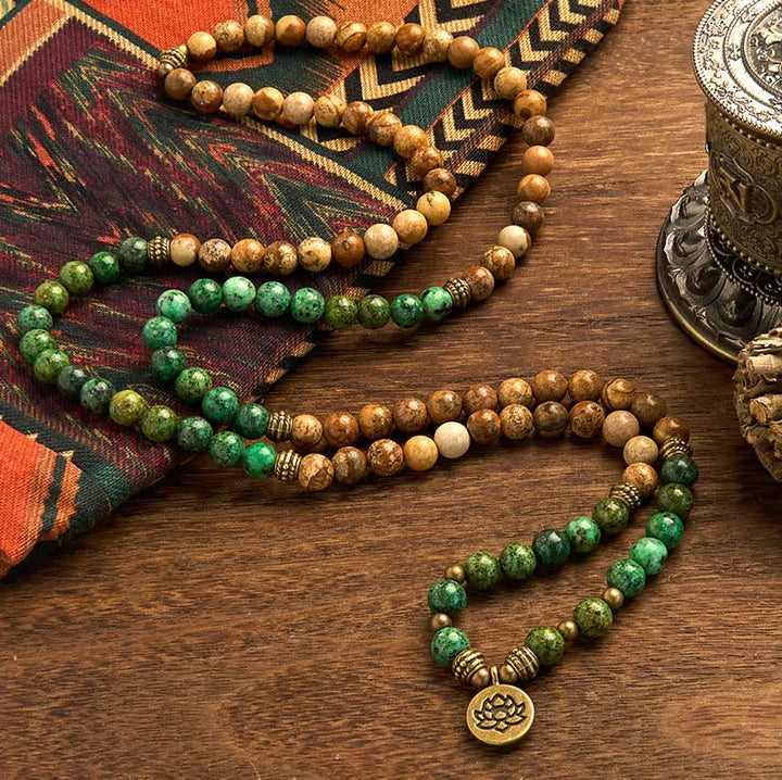 Buddha Stones 108 Mala Beads Pietra Naturale Jasper Turchese Lotus Braccialetto Positivo