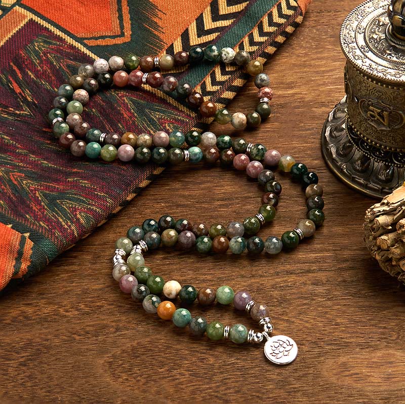Buddha Stones 108 Mala Beads Pietra naturale Agata indiana Braccialetto di loto calmo