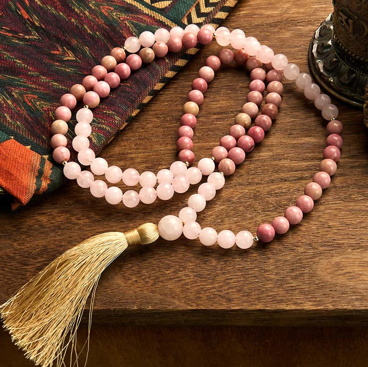 Buddha Stones 108 Mala Beads Rhodonite Rosa Quarzo Nappa Braccialetto Curativo