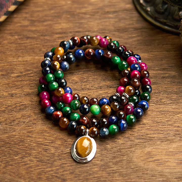 Buddha Stones 108 Mala Beads Naturali Occhio di Tigre Colorato Braccialetto di Protezione Multi-giro - Occhio di tigre colorato (circonferenza del polso: 14-16 cm) - image 0