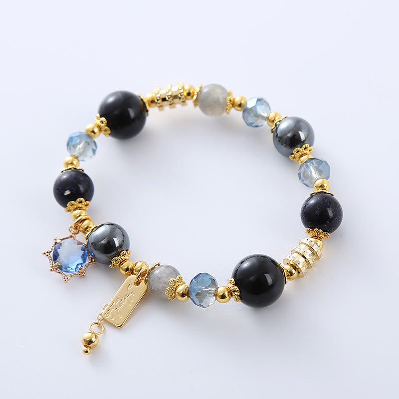 Bracciale Buddha Stones Naturale Ossidiana Nera Ematite Blu Arenaria Forza