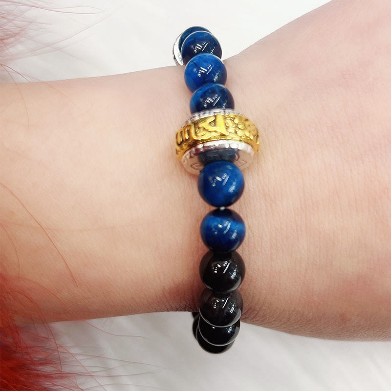 Braccialetto di protezione in occhio di tigre blu ossidiana e argento lucido Buddha Stones