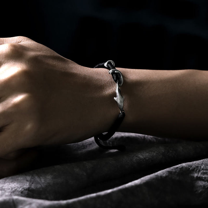Braccialetto di protezione in corda di cera nera con squalo in argento sterling 999 Buddha Stones - image 13