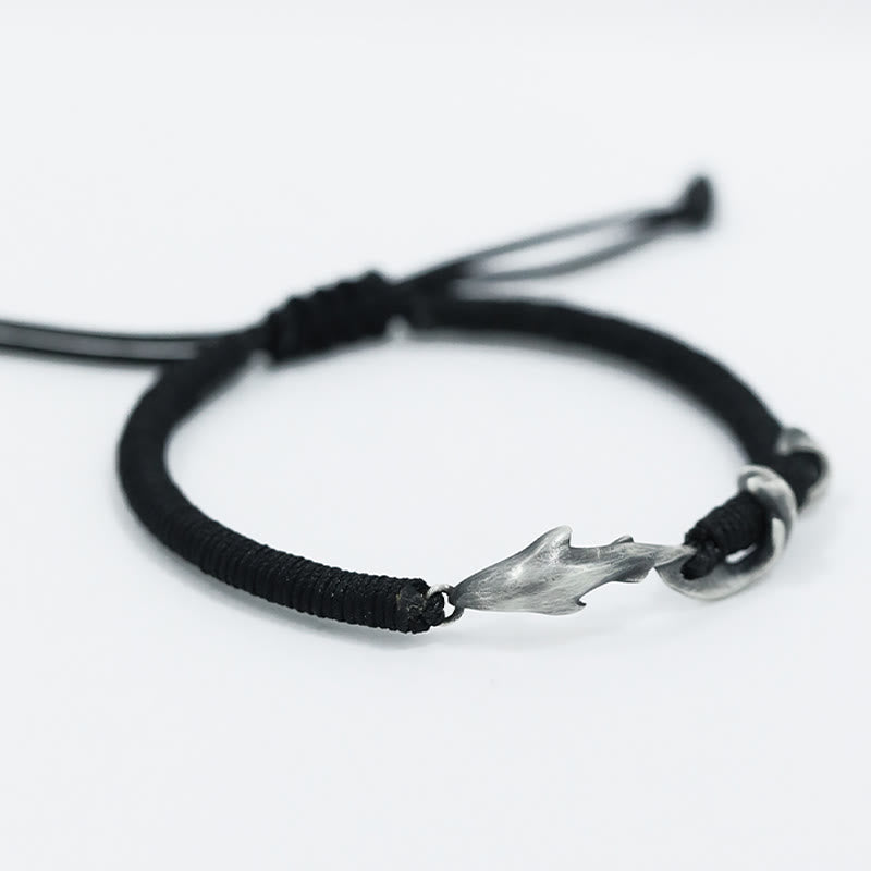 Braccialetto di protezione in corda di cera nera con squalo in argento sterling 999 Buddha Stones - image 3