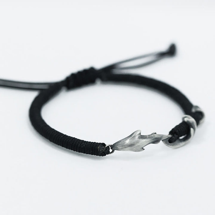 Braccialetto di protezione in corda di cera nera con squalo in argento sterling 999 Buddha Stones - image 3
