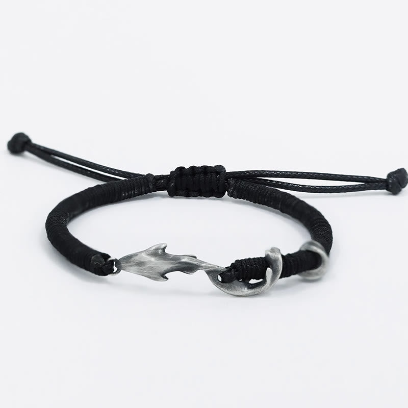 Braccialetto di protezione in corda di cera nera con squalo in argento sterling 999 Buddha Stones - image 2