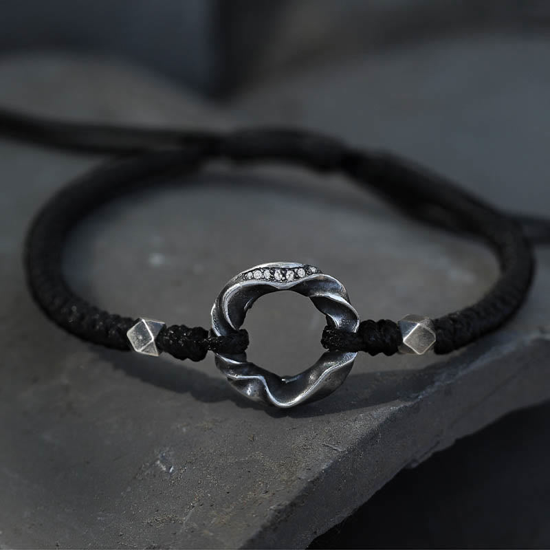 Braccialetto di protezione in corda di cera nera con fibbia della pace in argento sterling 999 Buddha Stones - Corda cerata in argento sterling 999 (circonferenza polso: 13-22 cm) - image 0
