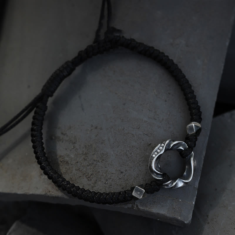 Braccialetto di protezione in corda di cera nera con fibbia della pace in argento sterling 999 Buddha Stones - image 1