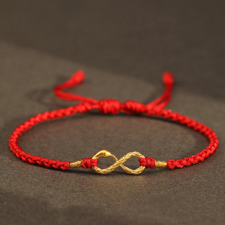 Buddha Stones 999 Oro Anno del Serpente Eterno Nodo Infinito Braccialetto Fatto a Mano della Fortuna - Serpente d'oro 999 - Rosso (circonferenza del polso 14-18 cm) - image 4
