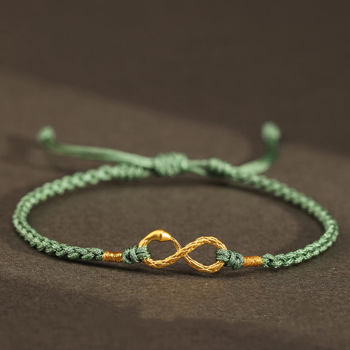 Buddha Stones 999 Oro Anno del Serpente Eterno Nodo Infinito Braccialetto Fatto a Mano della Fortuna - Serpente d'oro 999 - Verde (circonferenza del polso 14-18 cm) - image 5