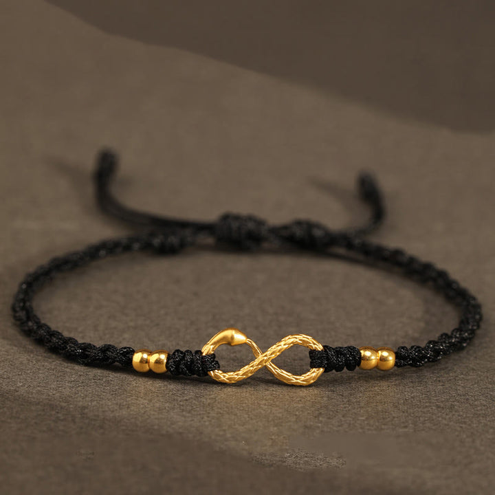 Buddha Stones 999 Oro Anno del Serpente Eterno Nodo Infinito Braccialetto Fatto a Mano della Fortuna - Serpente a quattro perle in oro 999 - Nero (circonferenza polso 14-18 cm) - image 22
