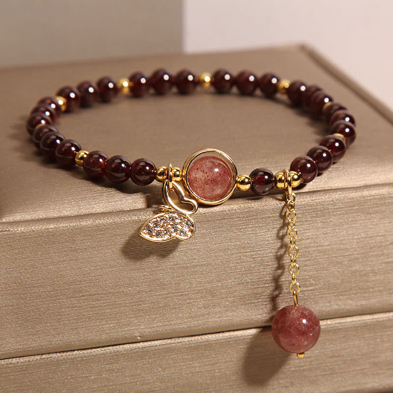 Braccialetto di protezione a farfalla in quarzo fragola e granato naturale Buddha Stones