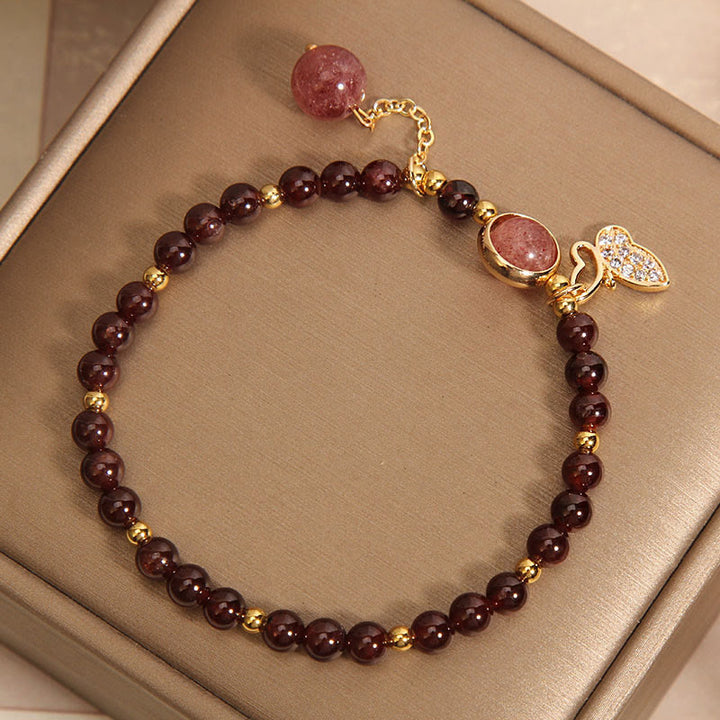 Braccialetto di protezione a farfalla in quarzo fragola e granato naturale Buddha Stones
