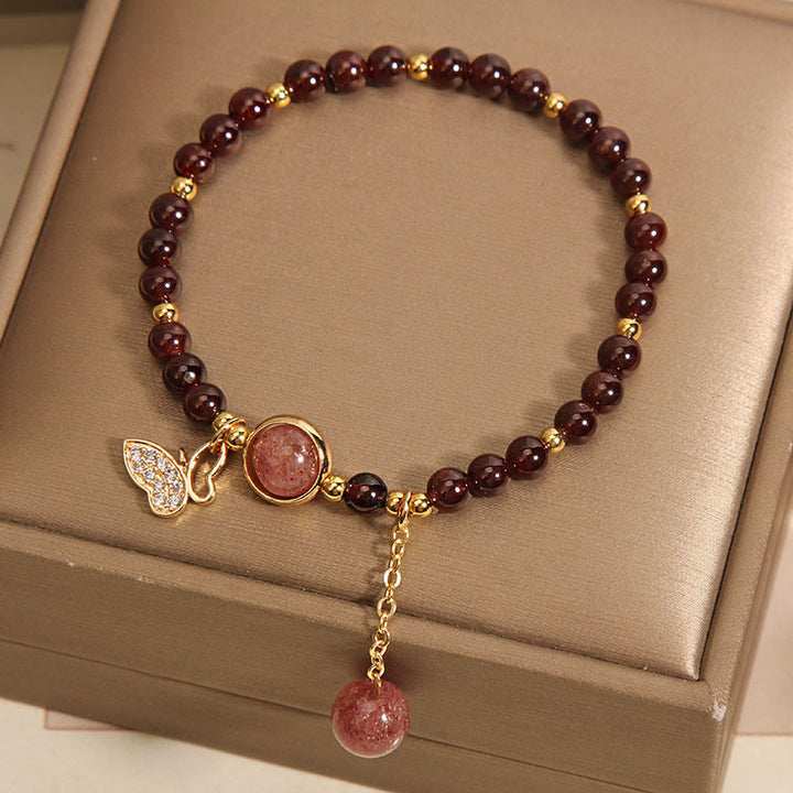 Braccialetto di protezione a farfalla in quarzo fragola e granato naturale Buddha Stones