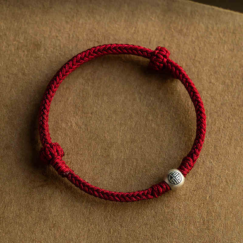 Braccialetto della fortuna intrecciato con perline di Fu in argento sterling 925, fatto a mano , Buddha Stones - Cordino rosso in argento sterling 925 (regolabile) - image 0