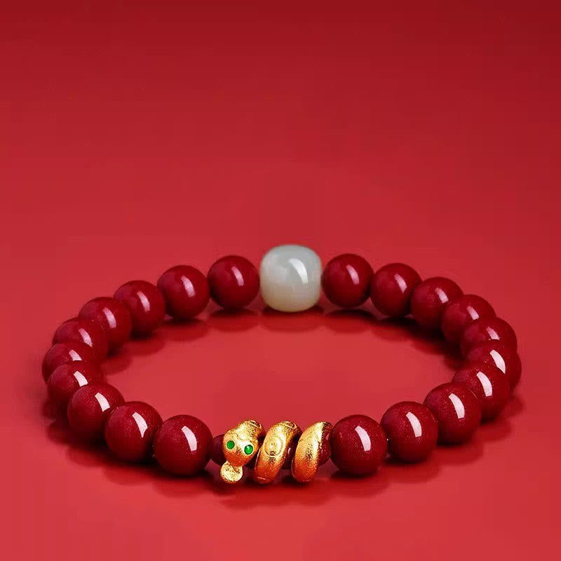 Braccialetto di benedizione dell'anno del serpente in giada di Hetian, perle di cinabro Buddha Stones - Serpente di giada Hetian in cinabro da 8 mm (circonferenza del polso: 15 cm) - image 0