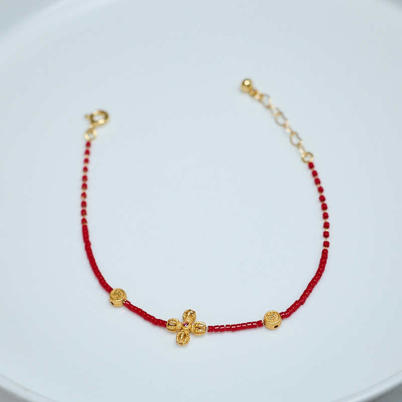 Braccialetto Buddha Stones in argento sterling 925 placcato oro 24k con perline di vetro Liuli PiXiu, quadrifoglio, gioia e felicità - image 1