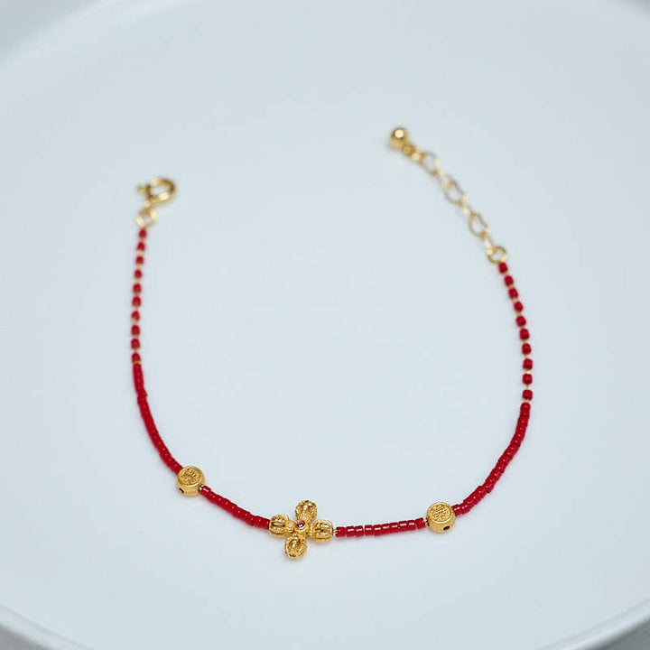 Braccialetto Buddha Stones in argento sterling 925 placcato oro 24k con perline di vetro Liuli PiXiu, quadrifoglio, gioia e felicità - image 1