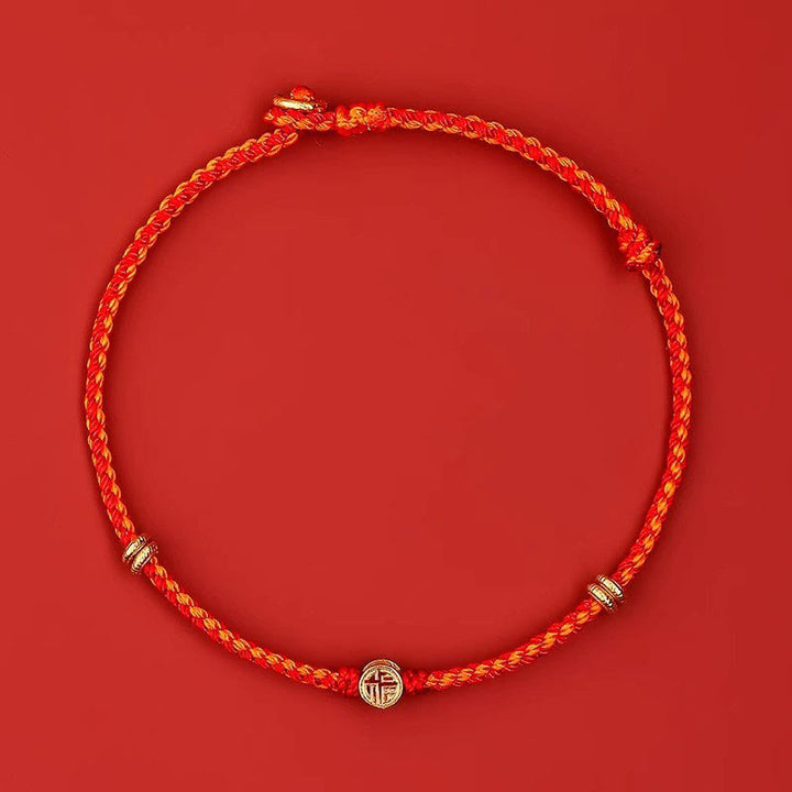 Braccialetto portafortuna Fu in argento sterling 925 con cordino rosso intrecciato fatto a mano con Buddha Stones - Cordino in argento sterling 925 placcato oro (circonferenza del polso: 15-17 cm) - image 15