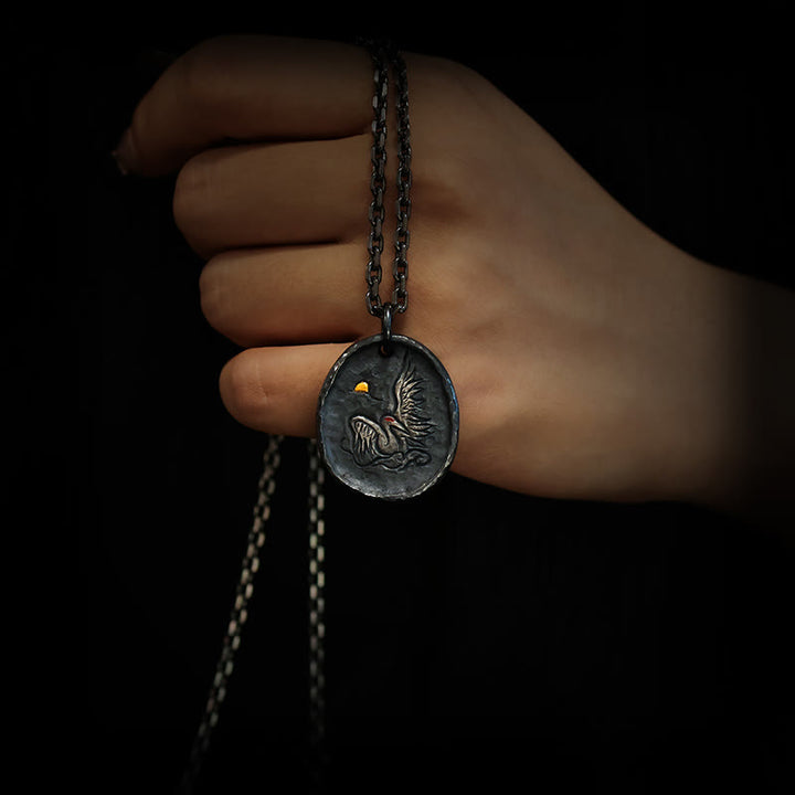 Collana pendente con ciondolo a forma di gru con nuvole di buon auspicio, in argento Buddha Stones 999 e oro 24k - image 6