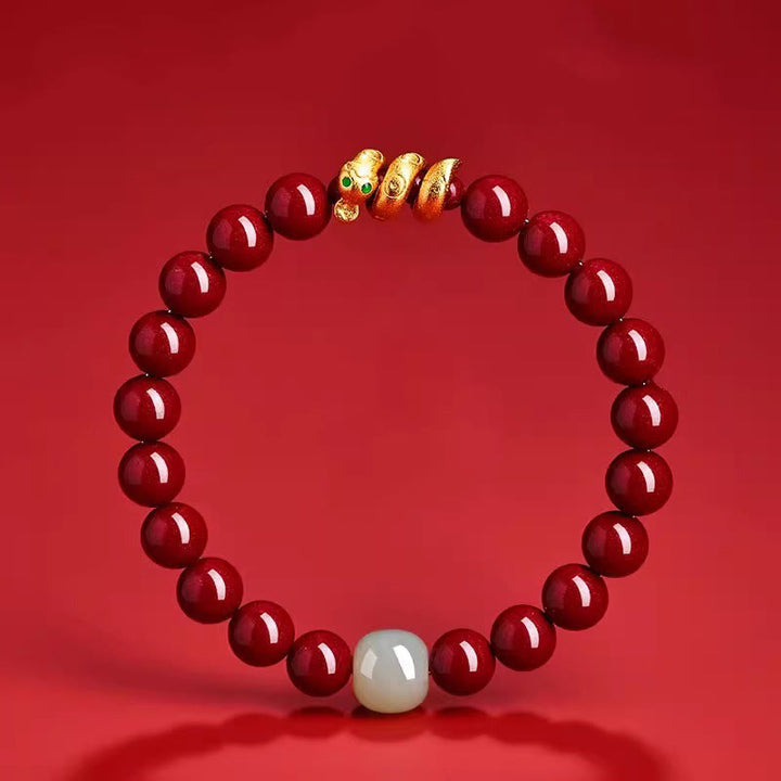 Braccialetto di benedizione dell'anno del serpente in giada di Hetian, perle di cinabro Buddha Stones - image 1