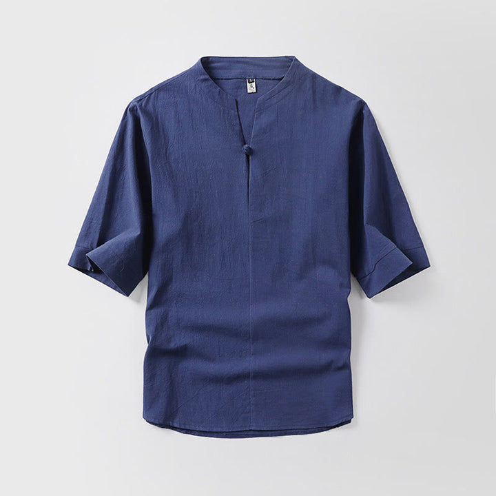 Camicia da uomo in cotone e lino casual con maniche a tre quarti e bottone singolo, tinta unita , Buddha Stones - Blu scuro - US/UK/AU54, EU64 (9XL) - image 6