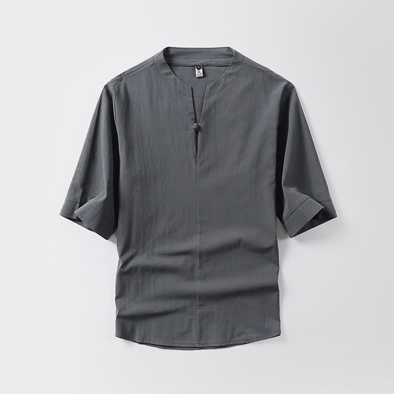 Camicia da uomo in cotone e lino casual con maniche a tre quarti e bottone singolo, tinta unita , Buddha Stones - Grigio - US/UK/AU54, EU64 (9XL) - image 0