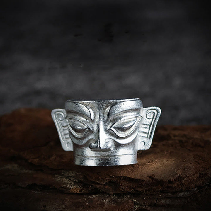 Anello di protezione per maschera Sanxingdui in argento sterling 999 Buddha Stones e fusione a mano - image 8