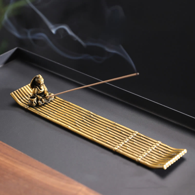 Buddha Stones Pescatore Bambù Barca da pesca Lega Porta incenso Bruciatore di incenso curativo Decorazione - 25*4,6*4 cm - image 0