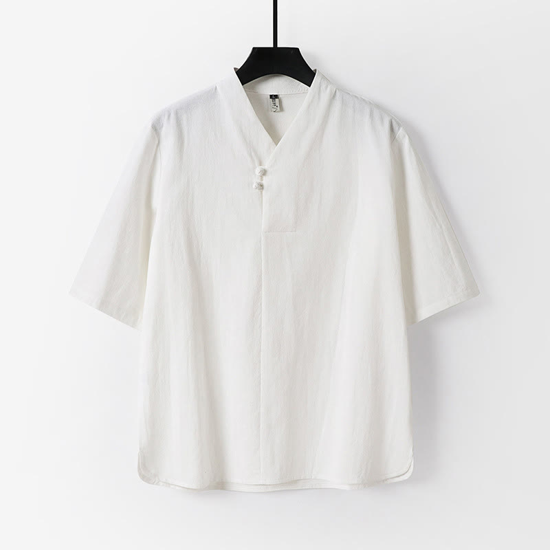Camicia da uomo in cotone e lino casual con due bottoni e maniche a tre quarti, tinta unita , Buddha Stones - Bianco - US/UK/AU54, EU64 (9XL) - image 1