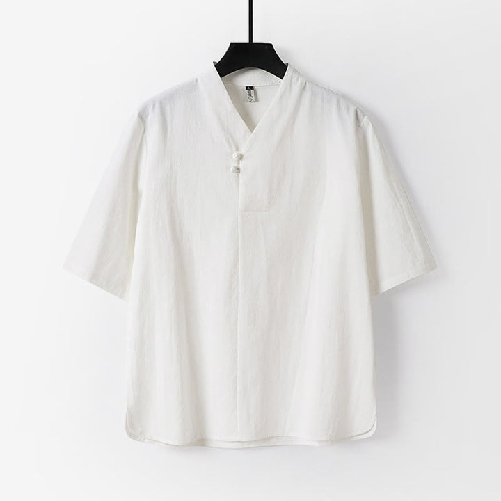 Camicia da uomo in cotone e lino casual con due bottoni e maniche a tre quarti, tinta unita , Buddha Stones - Bianco - US/UK/AU54, EU64 (9XL) - image 1