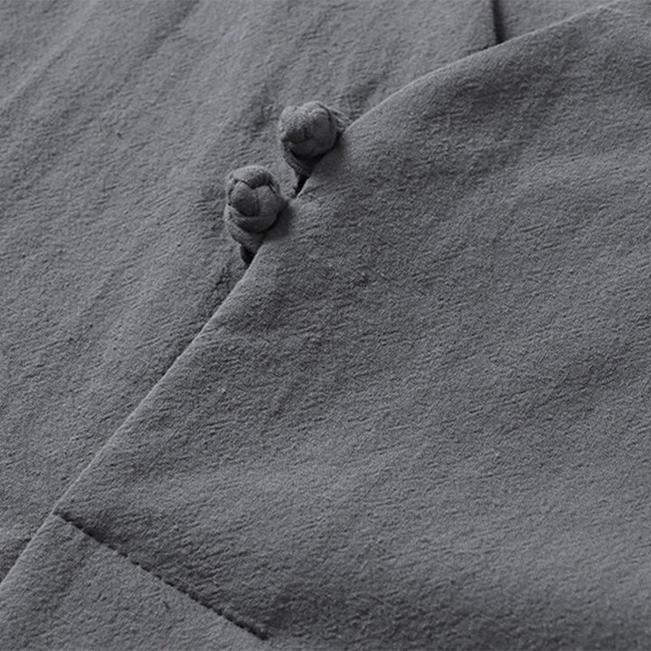 Camicia da uomo in cotone e lino casual con due bottoni e maniche a tre quarti, tinta unita , Buddha Stones - image 7