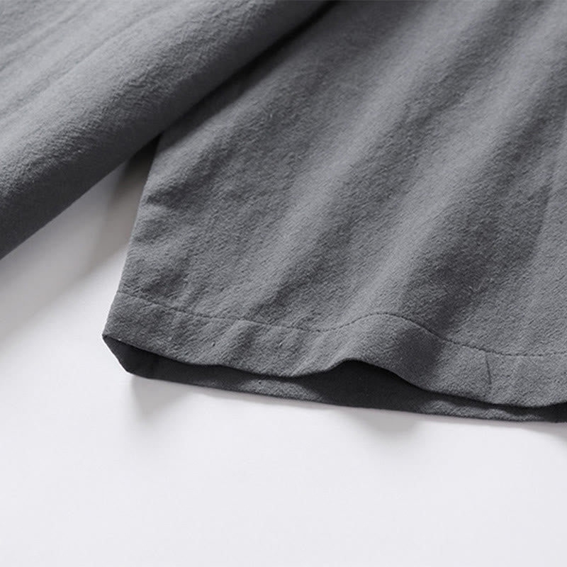 Camicia da uomo in cotone e lino casual con due bottoni e maniche a tre quarti, tinta unita , Buddha Stones - image 10