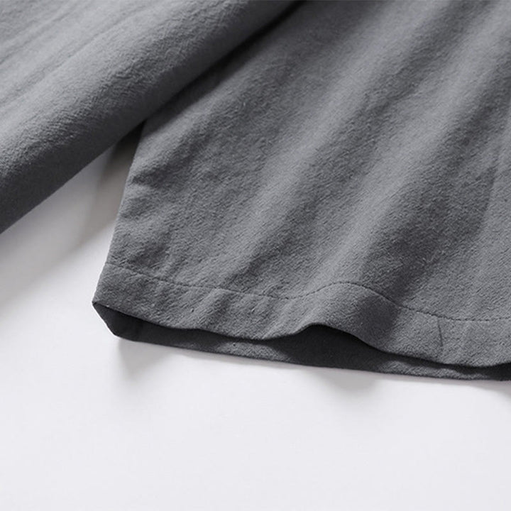 Camicia da uomo in cotone e lino casual con due bottoni e maniche a tre quarti, tinta unita , Buddha Stones - image 10