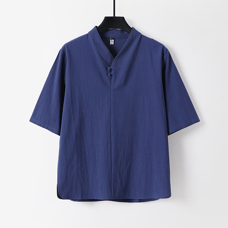 Camicia da uomo in cotone e lino casual con due bottoni e maniche a tre quarti, tinta unita , Buddha Stones - Blu scuro - US/UK/AU54, EU64 (9XL) - image 0