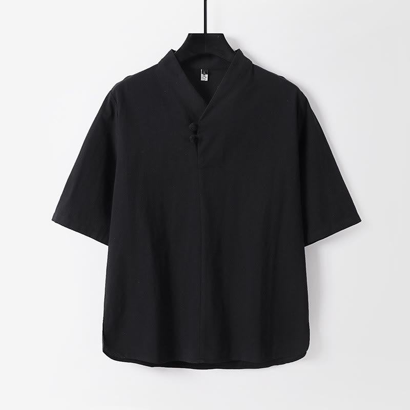 Camicia da uomo in cotone e lino casual con due bottoni e maniche a tre quarti, tinta unita , Buddha Stones - Nero - US/UK/AU54, EU64 (9XL) - image 4