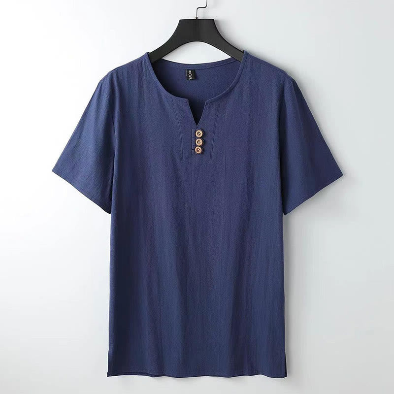 Camicia da uomo in cotone e lino con maniche corte, tinta unita, scollo a V, tre bottoni in alto , Buddha Stones - Blu scuro - US/UK/AU44，EU54 (5XL) - image 8