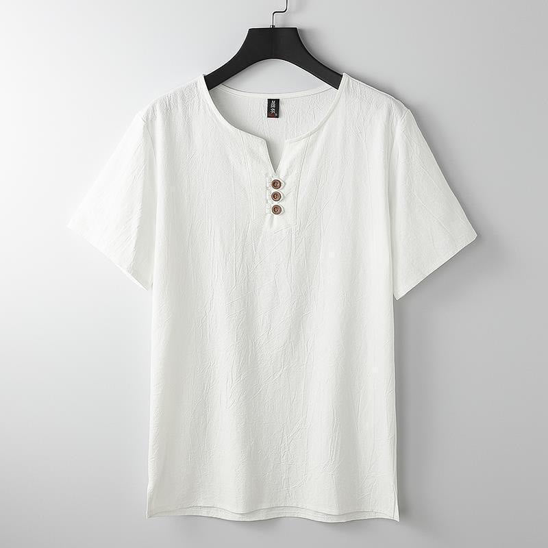 Camicia da uomo in cotone e lino con maniche corte, tinta unita, scollo a V, tre bottoni in alto , Buddha Stones - Bianco - US/UK/AU44，EU54 (5XL) - image 1