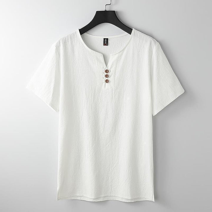 Camicia da uomo in cotone e lino con maniche corte, tinta unita, scollo a V, tre bottoni in alto , Buddha Stones - Bianco - US/UK/AU44，EU54 (5XL) - image 1
